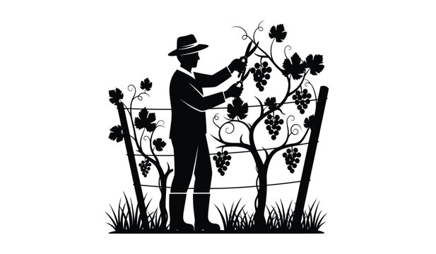 silhouette of a vineyard worker pruning grape vines with shears in a field black and white silhouette high quality professional detailed modern elegant stylish