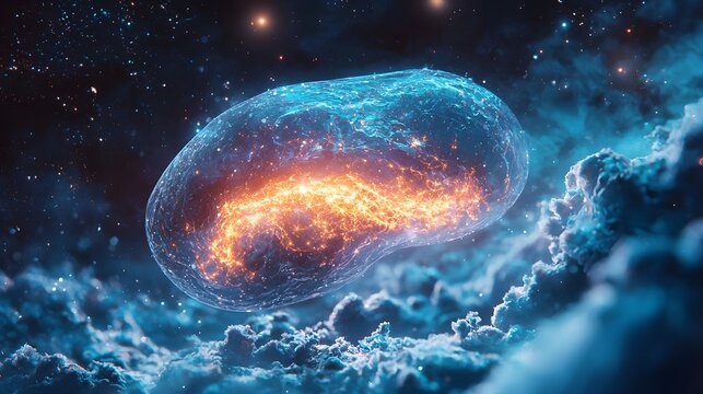 Glowing embryo sphere floating through pastel universe clouds artwork image