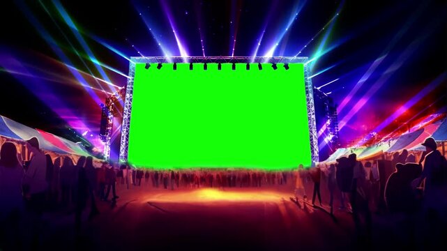 Concert stage with vibrant green screen and dynamic light beams during live performance