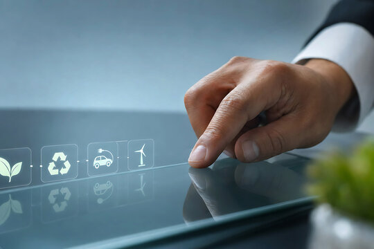Hand Touching Digital Icons for Green Energy and Sustainability (12) stock