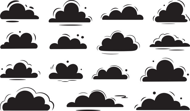 Cloud collection flat black silhouette icon set isolated for weather forecast and cartoon design.