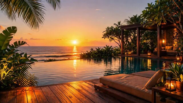 Luxury Tropical Infinity Pool Resort at Sunset with Lantern Flames and Ocean Waves Seamless Loop