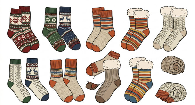 Hand drawn warm knitted wool socks winter clothing vector illustration isolated on white background