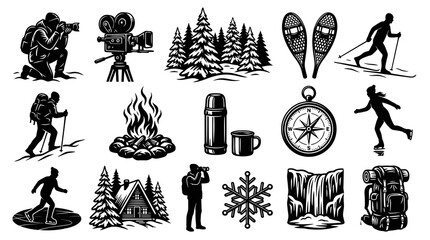 Obraz premium Black White Line Art Icons of Winter Outdoor Activities and Camping