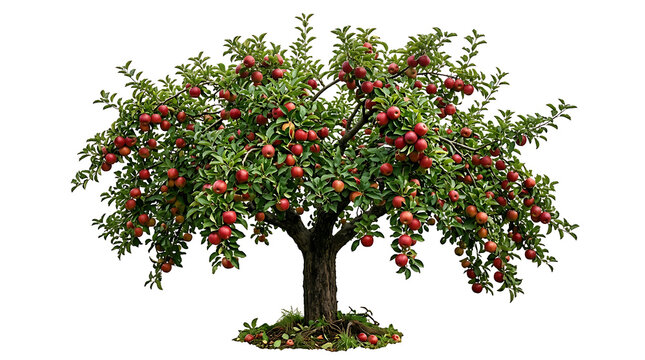 Apple tree laden with red fruit isolated on white background