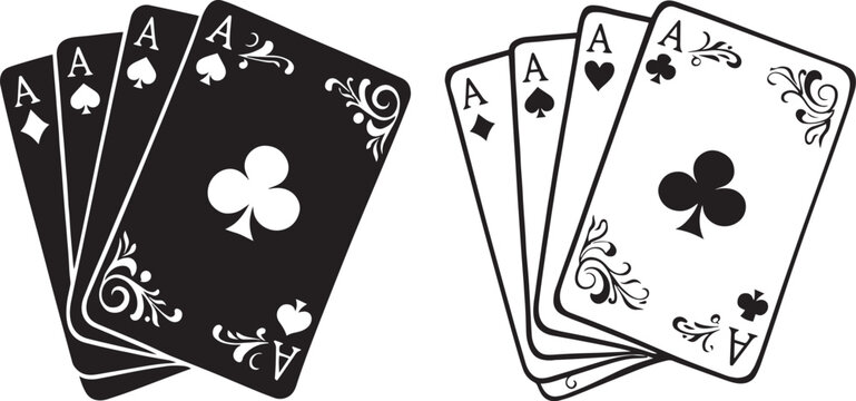 A royal flush of playing cards featuring white aces rests on a black background, symbolizing the high-stakes risk and chance of a winning poker game in a luxury casino