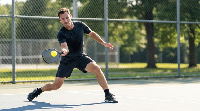 Focused white man playing pickleball on an outdoor court. Athletic player reaching for the ball during a competitive racket sport session on a sunny tennis court with fence and trees.