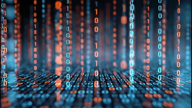 Digital matrix of glowing binary code in blue and orange streams