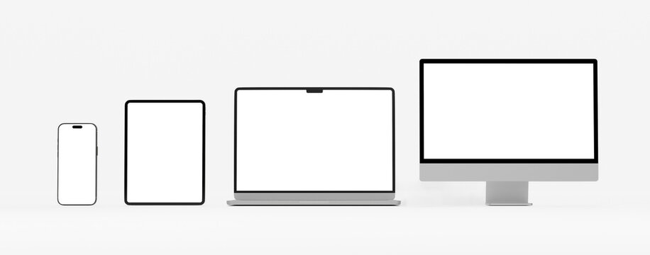 3D Render Multi-Device Mockup Set with Smartphone Tablet Laptop and Desktop Computer on White Background