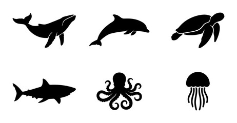 Oceanic Wildlife Silhouettes: Whale, Dolphin, Turtle, Shark, Octopus, Jellyfish Icons Set © Touhidul