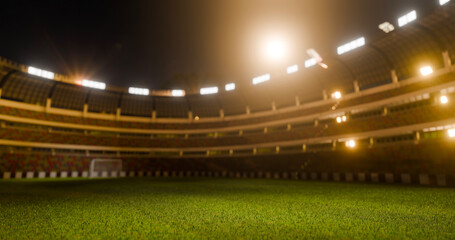 3D Rendered Soccer Stadium at Night with Bright Floodlights and Green Grass Field © Prathankarnpap