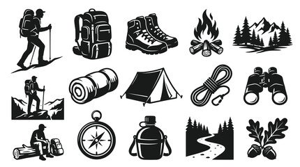 Obraz premium Outdoor Adventure and Camping Icons Set: Black and White Silhouette Vector Elements for Hiking, Nature, and Travel