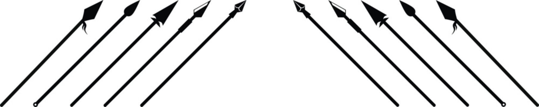 Simple, flat, black spear silhouette set. Isolated on transparent background,Spartan warrior soldier icon .Spearhead logo, element of weapon icon for mobile concept and web apps, ui.