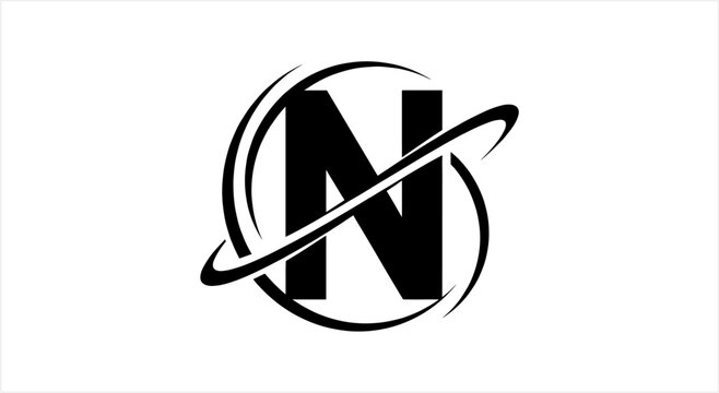 Bold Black Letter N Logo Design with Orbiting Swirls.