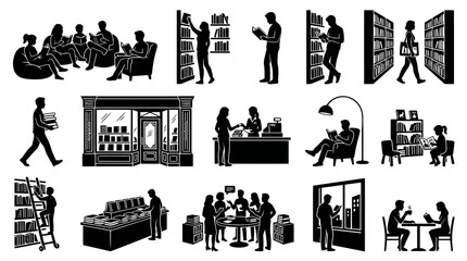 Obraz premium Black and White Silhouettes of People Reading and Working in a Library Setting