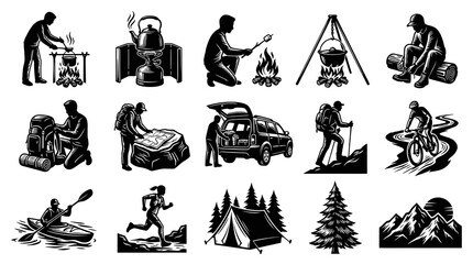 Fototapeta premium Black White Vector Illustrations: Camping Outdoor Adventure Activities Icon Set