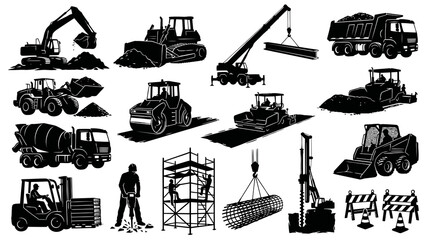 Obraz premium Black and White Construction Equipment Vector Icons Set