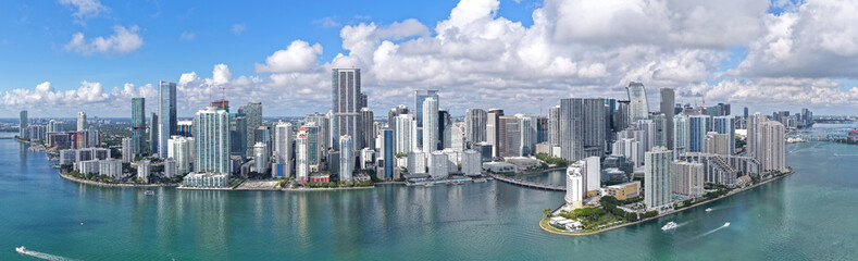 Obraz premium City panorama. City downtown with skyscraper. Aerial Miami panorama. Panoramic Brickell Key. Skyscraper building architecture. Cityscape skyscraper. Panoramic skyline cityscape. Luxury life