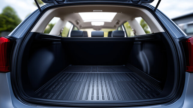 Open car trunk with empty cargo space representing transportation, storage and travel concept.