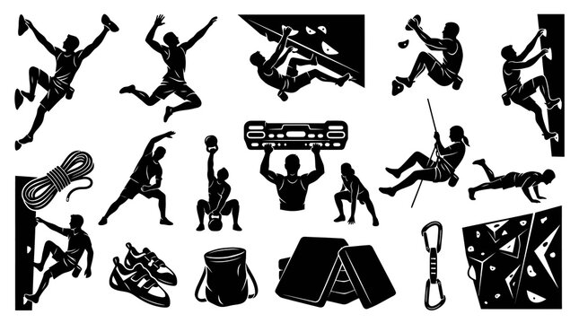 Climbing Sports Silhouette Icon Set: People, Gear, and Bouldering Wall