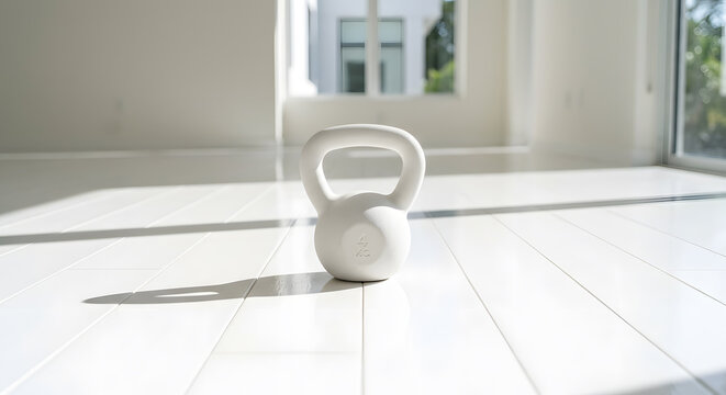 Single matte white 4kg kettlebell on glossy white hardwood floor, dramatic low angle worm's eye view with bright minimalist open plan home interior and natural window light bokeh
