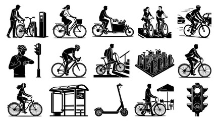 Naklejka premium Black and White Vector Icons: Cycling, Urban Transport, City Life