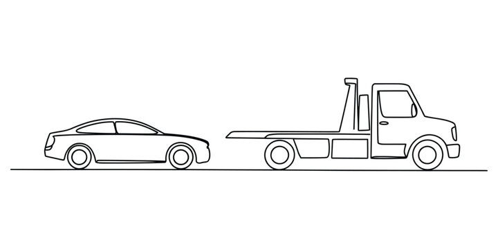 Tow truck pulling a broken car line art illustration