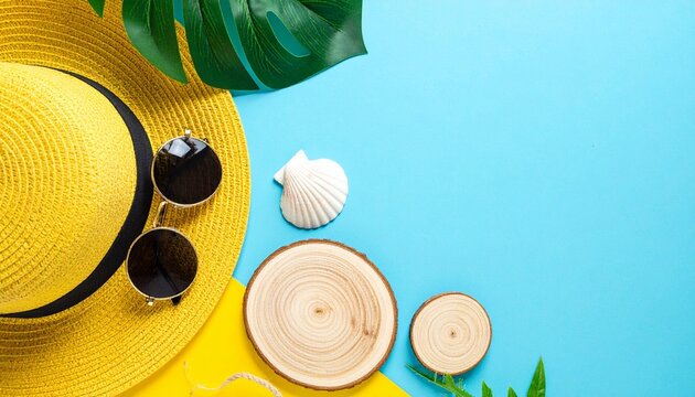 Summer flat lay hat sunglasses shells tropical leaf arrangement