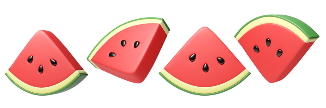 Set of 3D watermelon slice from different angles, isolated on a background. Fruit icon in Cartoon style for summer, food, tropical, design, banner. 3d render

