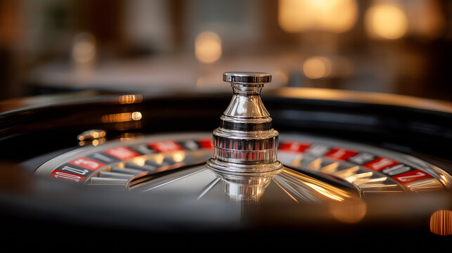 Close-up of roulette wheel in motion with warm lighting creating a casino gambling and chance concept.