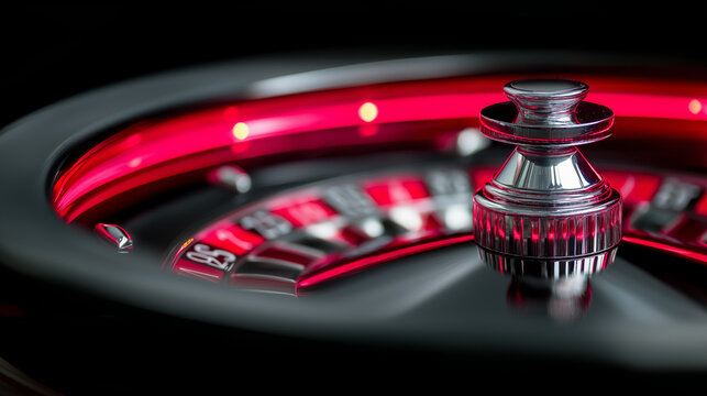 Close-up of roulette wheel with red lighting creating a casino gambling and risk concept.
