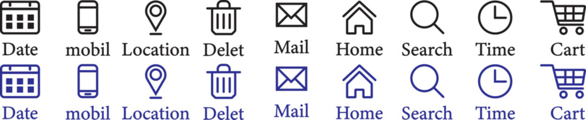 Time, date, address, email, location, search, mail, phone,  shopping cart icon vector illustration. commerce Essential Line Icon Set © MDParveg