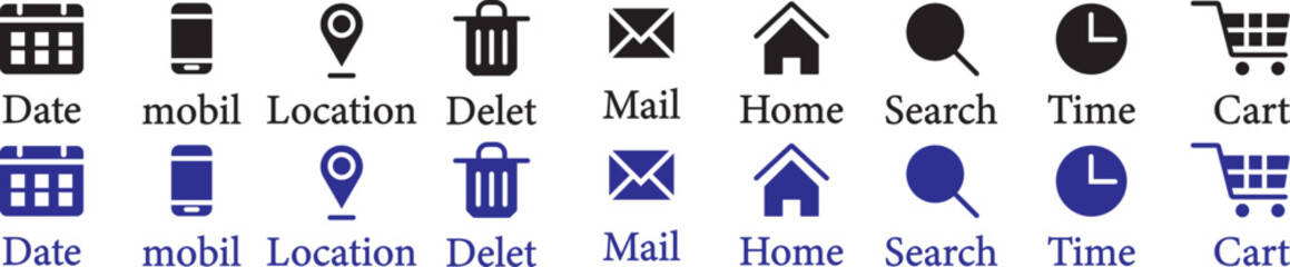Time, date, address, email, location, search, mail, phone,  shopping cart icon vector illustration. commerce Essential Line Icon Set © MDParveg