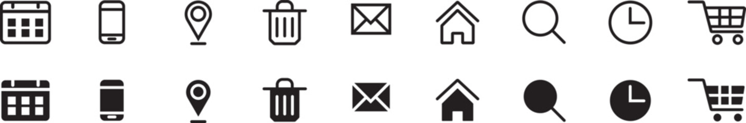 Time, date, address, email, location, search, mail, phone,  shopping cart icon vector illustration. commerce Essential Line Icon Set © MDParveg