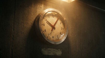 Naklejka premium Time management and deadline concept, vintage analog clock on dark concrete wall. Industrial training facility and retrospective atmosphere for business productivity.