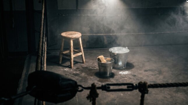 Empty corner of a professional boxing ring with stool and water buckets under dramatic lighting. Preparation for fight, athletic endurance and competitive sports training concept.