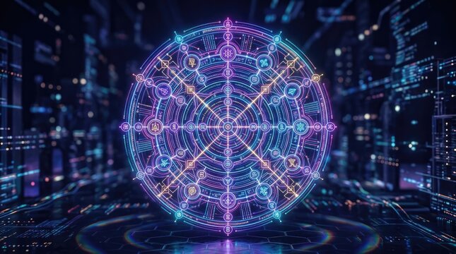 Futuristic Neon Glowing Magic Circle with Intricate Symbols and Lines in a Dark Digital Environment.