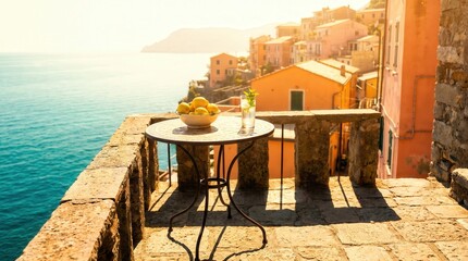 Obraz premium Lemons and cold drink on balcony table overlooking the Mediterranean sea at sunset. Italian summer vacation, coastal lifestyle concept featuring scenic seaside village view.