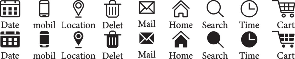 Time, date, address, email, location, search, mail, phone,  shopping cart icon vector illustration. commerce Essential Line Icon Set © MDParveg
