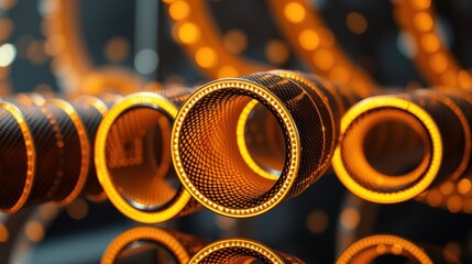 Fototapeta premium Orange glowing cylinders stacked, reflecting surfaces. Dramatic lighting creates abstract tunnel effect. Futuristic, vibrant composition.