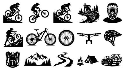 Obraz premium Mountain Biking and Outdoor Adventure Black and White Silhouette Vector Icon Collection