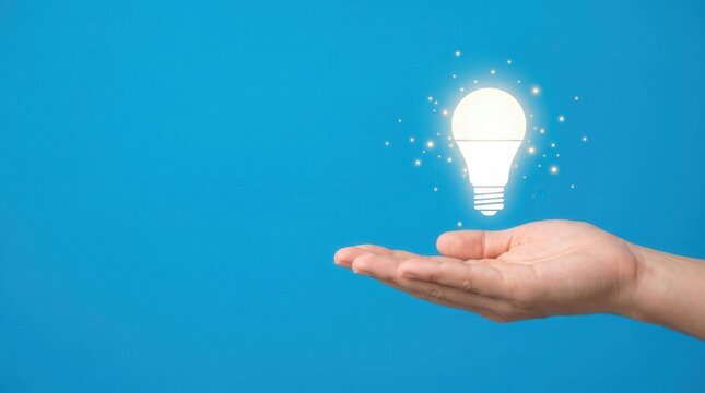 Business innovation and creativity concept conceptual photo with glowing light bulb floating above human hand. Inspiration, new ideas and problem solving for professional growth.