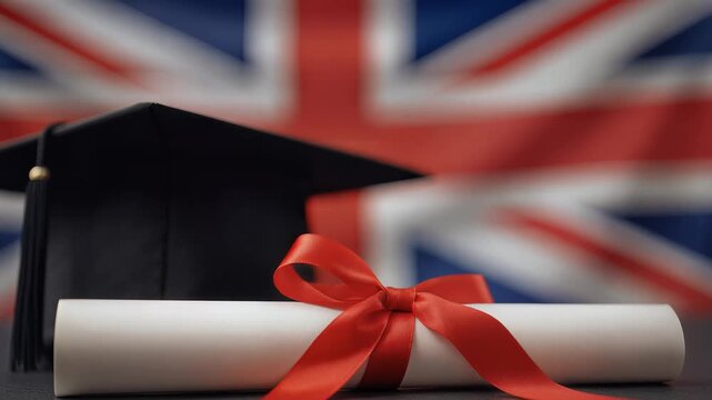 Cinematic close-up of academic graduation cap and diploma with red ribbon presented against a softly focused Union Jack flag, symbolizing education, achievement, and British heritage