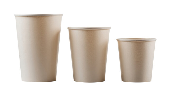 Three brown paper disposable cups isolated on transparent background for hot beverages