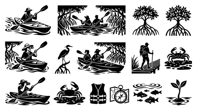 Kayaking and Nature Icons: Mangrove Trees, Crabs, Fisherman, Compass