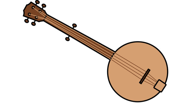 A simple flat illustration of a brown banjo musical instrument.