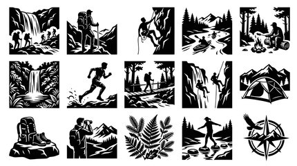 Obraz premium Outdoor Adventure, Nature Sports Black White Silhouette Vector Illustrations Set