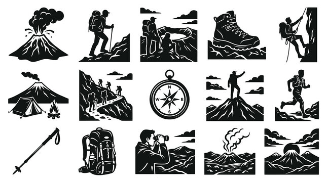 Mountaineering and Outdoor Adventure Icons. Black and White Silhouette Vector Set of Hikers, Mountains, Volcanoes, Gear.