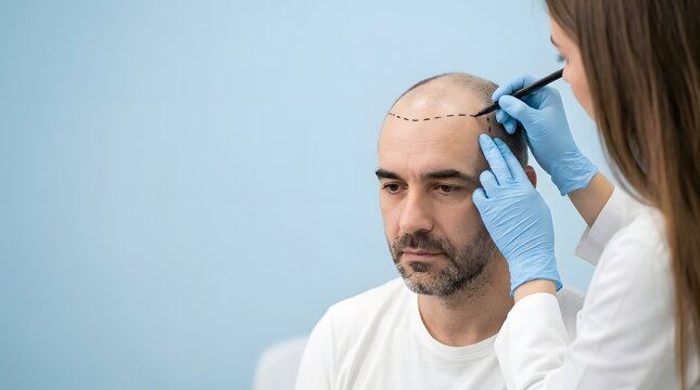 Female Doctor in Blue Gloves Marking Bald Head of Middle Aged Man with Pen Before Hair Transplant Surgery Showing Cosmetic Treatment Clinic Service
