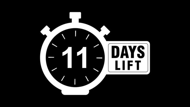 15 days lift Countdown 2D animation motion graphics template fifteen running numbers counting days, two 2 week counting, zero to 15. 4K HD white text video with chroma key, black, background.